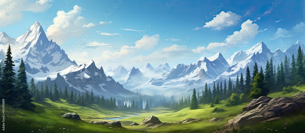 Aufkleber forest landscape with mountains in the background, providing a scenic view suitable for a copy space