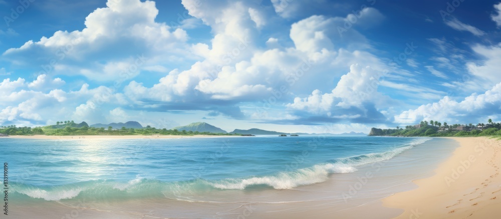 Poster beautiful sandy beach with waves crashing against the shore, perfect for a peaceful stroll or relaxa