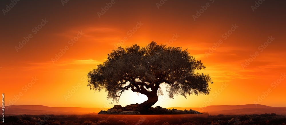 Poster sunset backdrop highlighting an olive tree with striking silhouettes and a warm, golden glow, perfec