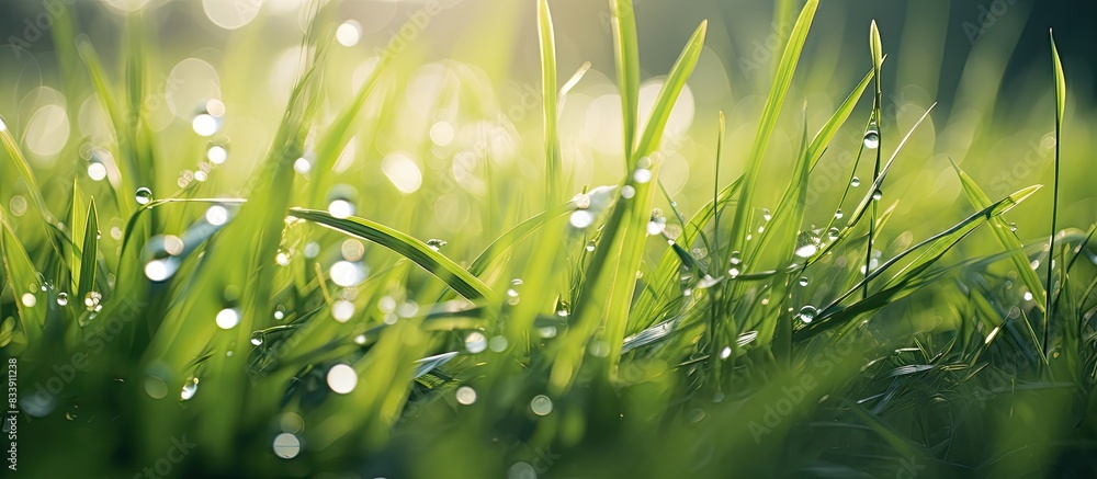 Poster morning sunlight touching wet grass leaves, with droplets creating a tranquil scene in a copy space 