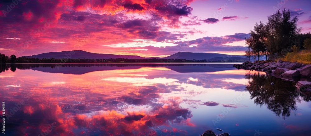 Aufkleber a serene scene of a purple sunset reflected on the tranquil lake, creating a picturesque view with s