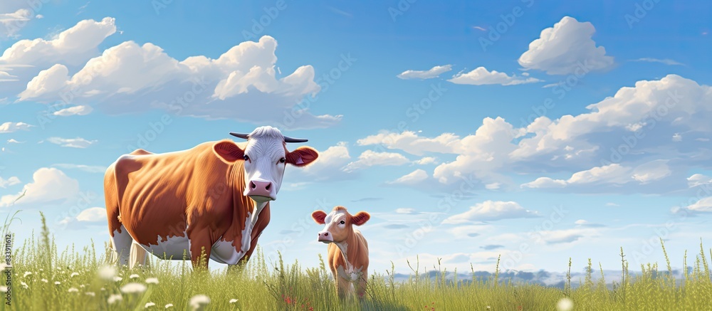Poster a red cow with a white face is seen nurturing a young calf in a grassy pasture, with a clear sky ove