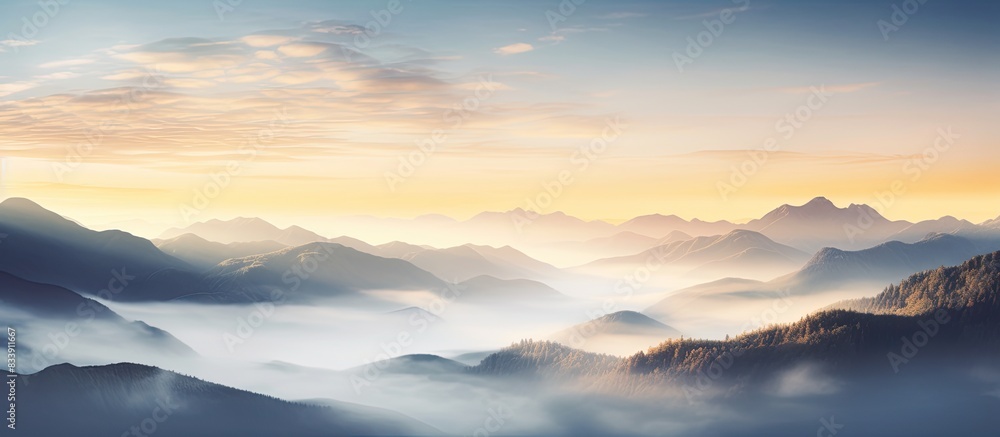 Poster mountain sunrise with mist creating an ethereal atmosphere, perfect for a copy space image.