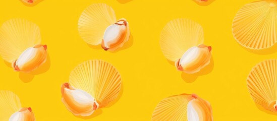 Obraz premium A seamless pattern with seashells on a yellow background, featuring one prominently displayed shell, evokes a summery vibe, ideal for a copy space image.