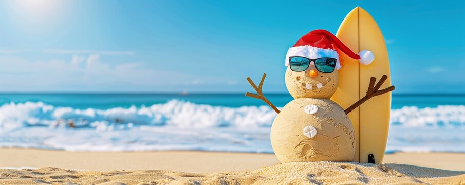 Smiling Santa sandy snowman in red santa hat and stylish sunglasses smiling on the sea beach with copy space, concept of winter holiday, Merry Christmas, happy summer time.