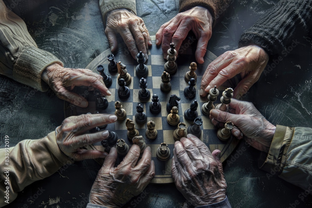Poster Group of people gathered around a chessboard, engaged in a game of strategy and skill