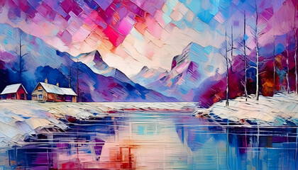 Colorful panting oil winter landscape. A lake in the mountains with pine trees
