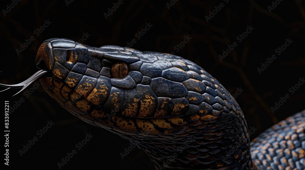 Poster a close-up image of a snake's head on a black background, suitable for use in scientific or educatio