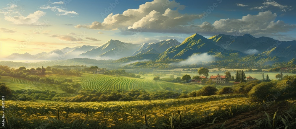 Poster the scene displays a village with fields of crops, offering a serene backdrop with copy space image.