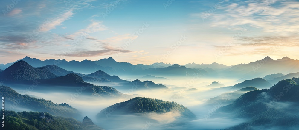 Poster mountain sunrise with mist creating an ethereal atmosphere, perfect for a copy space image.