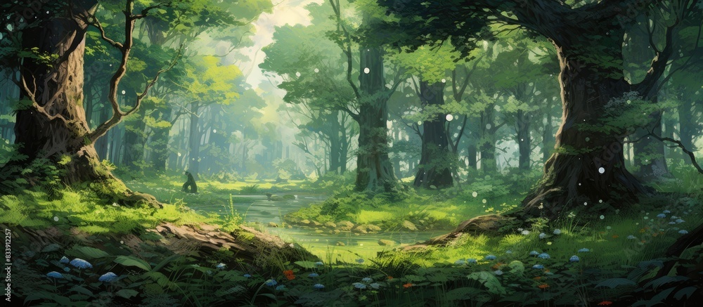 Poster A gentle summer wind rustling through trees and grass, evoking a sense of warmth and tranquility. with copy space image. Place for adding text or design