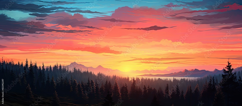 Poster a scenic view showcasing the outline of a forest against a colorful sunset sky, providing ample copy
