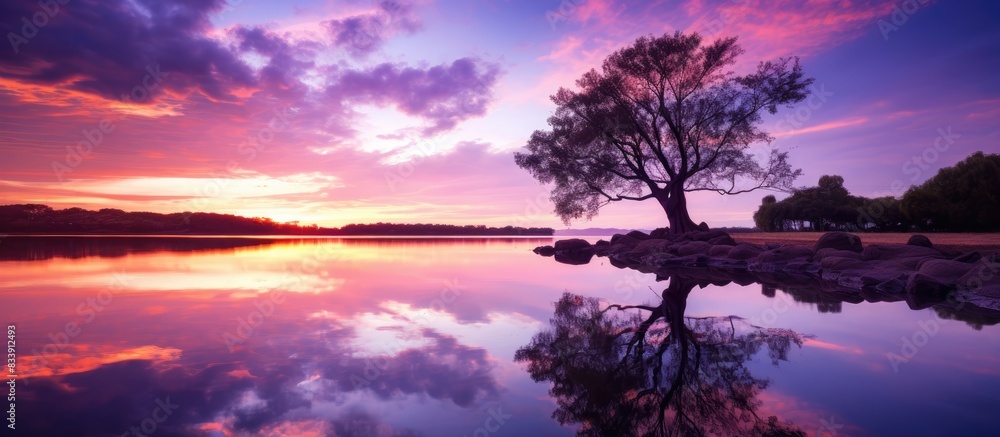 Aufkleber a serene scene of a purple sunset reflected on the tranquil lake, creating a picturesque view with s