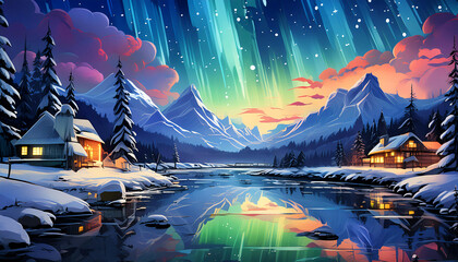 Obraz premium Winter evening in a village in mountains. Background with the northern lights