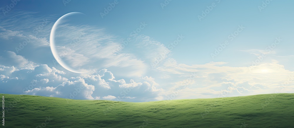 Poster Cloud resembling a crescent shape hovering above a meadow, with an open area for text or graphics. with copy space image. Place for adding text or design