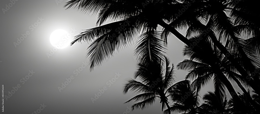 Poster monochrome backdrop featuring a coconut tree silhouette against a clear sky with copy space image.