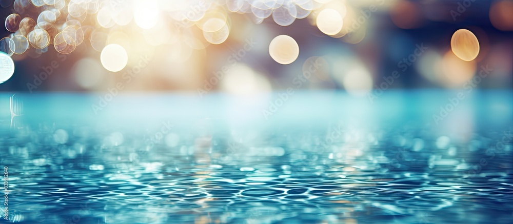 Poster Background of bokeh lights reflected in a pool with space for inserting images. with copy space image. Place for adding text or design