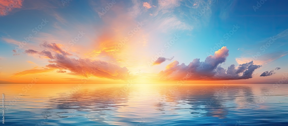 Poster Sunset reflecting on the sea with clouds in the background, creating a serene and picturesque scene perfect for a copy space image.