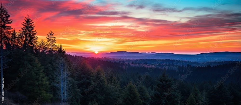 Poster a scenic view showcasing the outline of a forest against a colorful sunset sky, providing ample copy