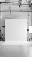 black and white photo studio with white backdrop
