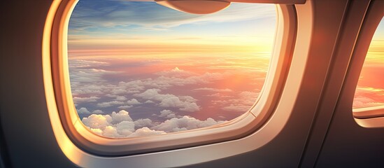 Fototapeta premium Airplane window offers a stunning view, with abundant copy space image.