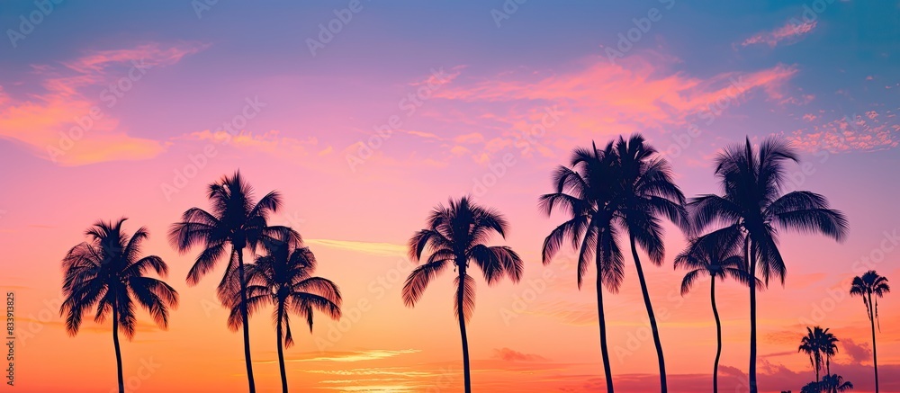 Poster silhouetted palm trees against a vibrant sunset with copy space image.