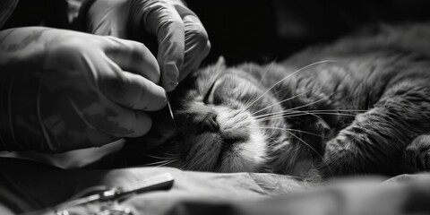 Veterinary examination of a domestic cat