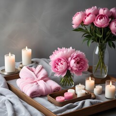  A bouquet of pink peony flowers in a glass vase , surrounded by lit candles 