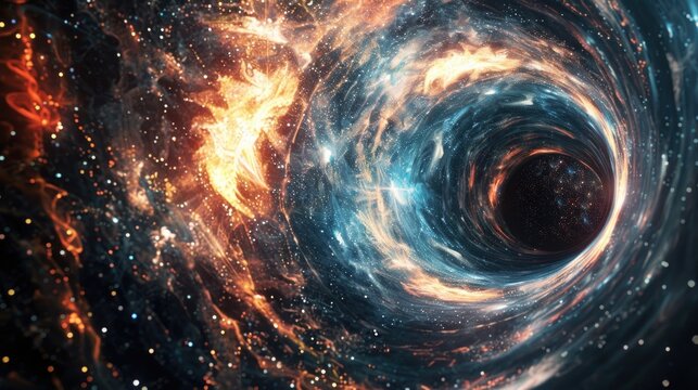 A dark void at the heart of a galaxy, surrounded by stars and galaxies