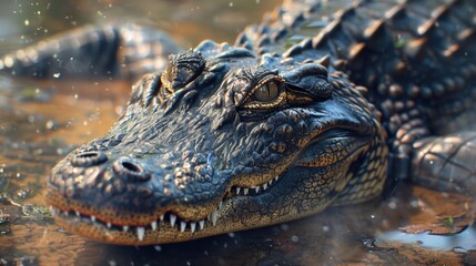 Fototapeta premium Close-up photo of an alligator swimming in the water