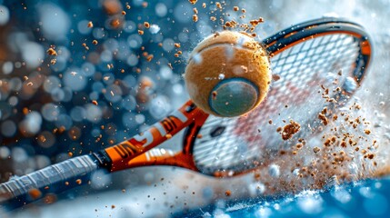 High-speed tennis action shot with tennis ball and racquet in focus, capturing dynamic movement and energy during a competitive match.