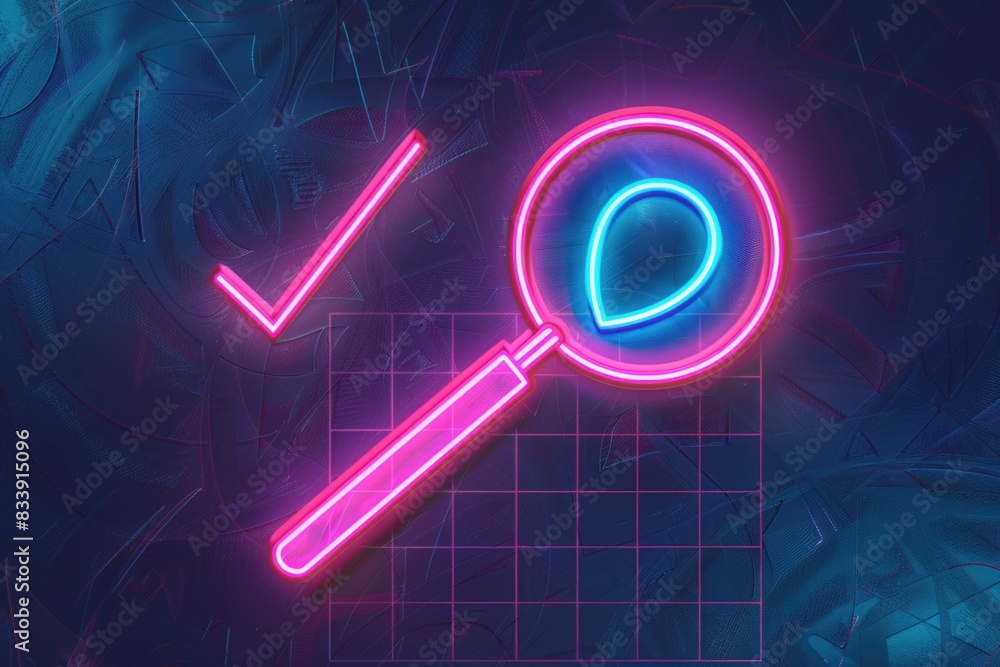Poster a close-up shot of a magnifying glass with a neon sign in the background, ideal for use in scientifi
