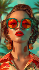 Obraz premium Retro style pastel colors summer background. Fashion woman wearing big sunglasses.
