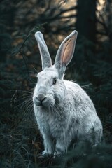 Fototapeta premium A white rabbit sitting in the middle of a forest, great for outdoor or nature-themed designs