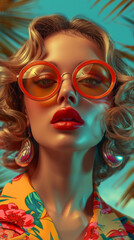 Obraz premium Retro style pastel colors summer background. Fashion woman wearing big sunglasses.