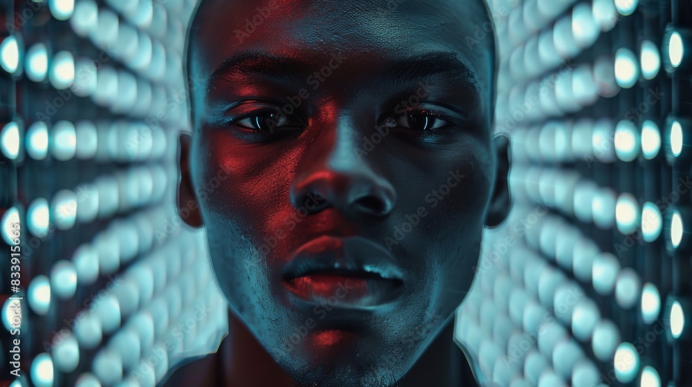 Aufkleber a black man model in front of pixelated led screen. generative ai.