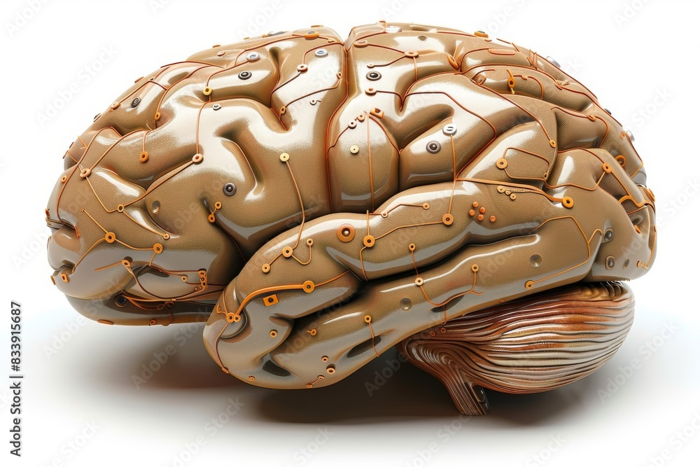 Poster beige brain with intricate circuit patterns, representing the fusion of biological and technological