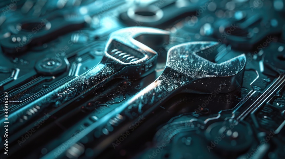 Poster A collection of wrenches resting on top of a computer motherboard, suitable for use in IT or technology-related contexts