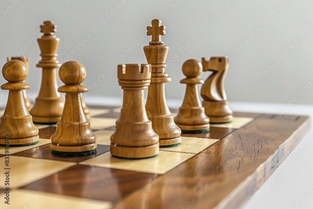 Poster A close-up view of a chess board with all the chess pieces in place, ready for a game to begin