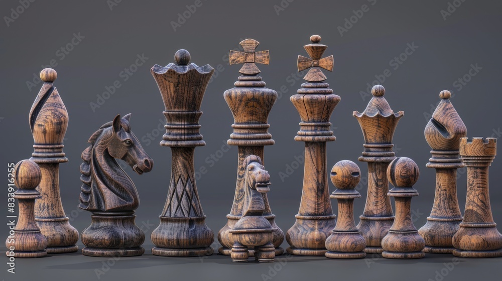 Poster a collection of wooden chess pieces placed on a table, great for use in illustrations or as a prop i