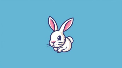 Obraz premium A cute white rabbit with pink ears sitting on a blue surface, great for kids' content and educational materials