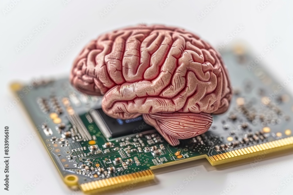 Aufkleber pink brain on a green circuit board, symbolizing the fusion of biological and technological systems 