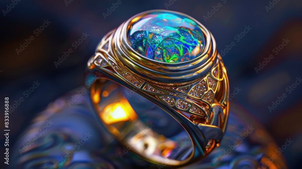 Sticker A close-up view of a ring featuring an opal stone surrounded by diamonds, perfect for jewelry or accessory images