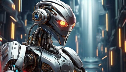 Fototapeta premium Close-up of a detailed cyborg robot with red eyes, futuristic rendering