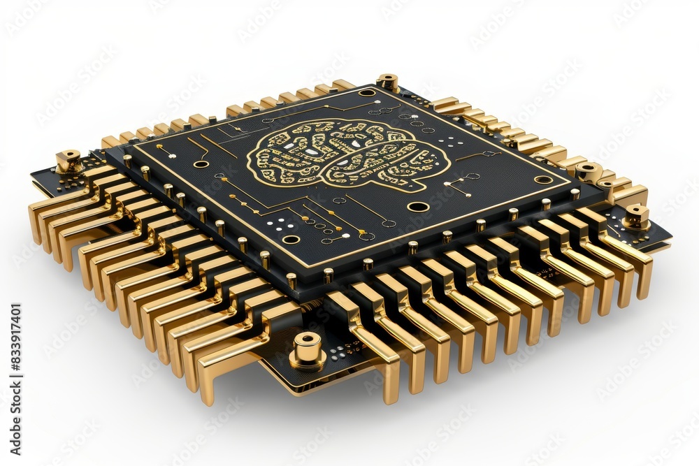 Poster black and gold circuit chip with brain illustration, representing the luxurious and advanced integra