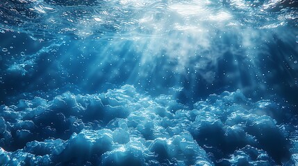 Fototapeta premium An abstract underwater landscape, sunlight creating twinkling effects on the surface, deep blue sea, ethereal light scattering, serene and tranquil, soft focus, vibrant blues.