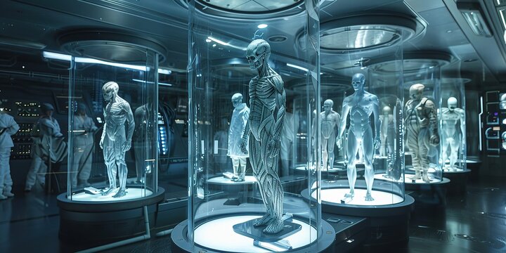 Futuristic alien lab with humanoid figures in glass containers