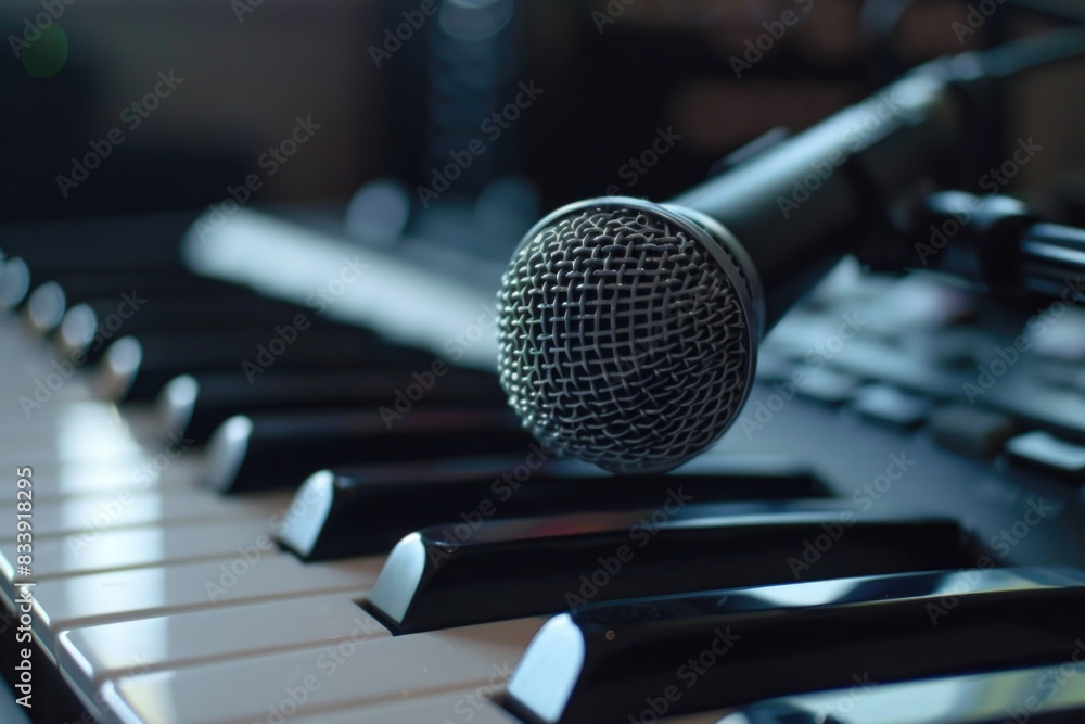 Poster a microphone sits on top of a keyboard, ready for use in a music or recording studio