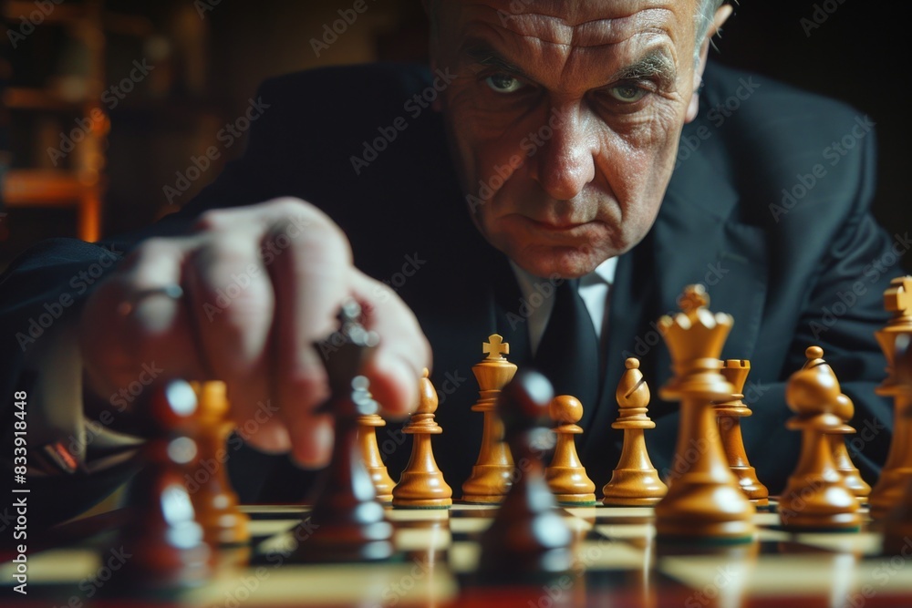Poster A person in a suit makes moves on a chessboard