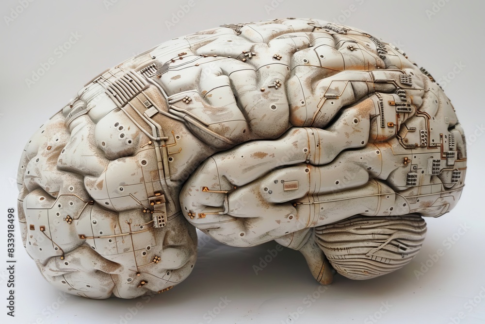Aufkleber white brain with circuit patterns, representing the seamless blend of technology and human intellige